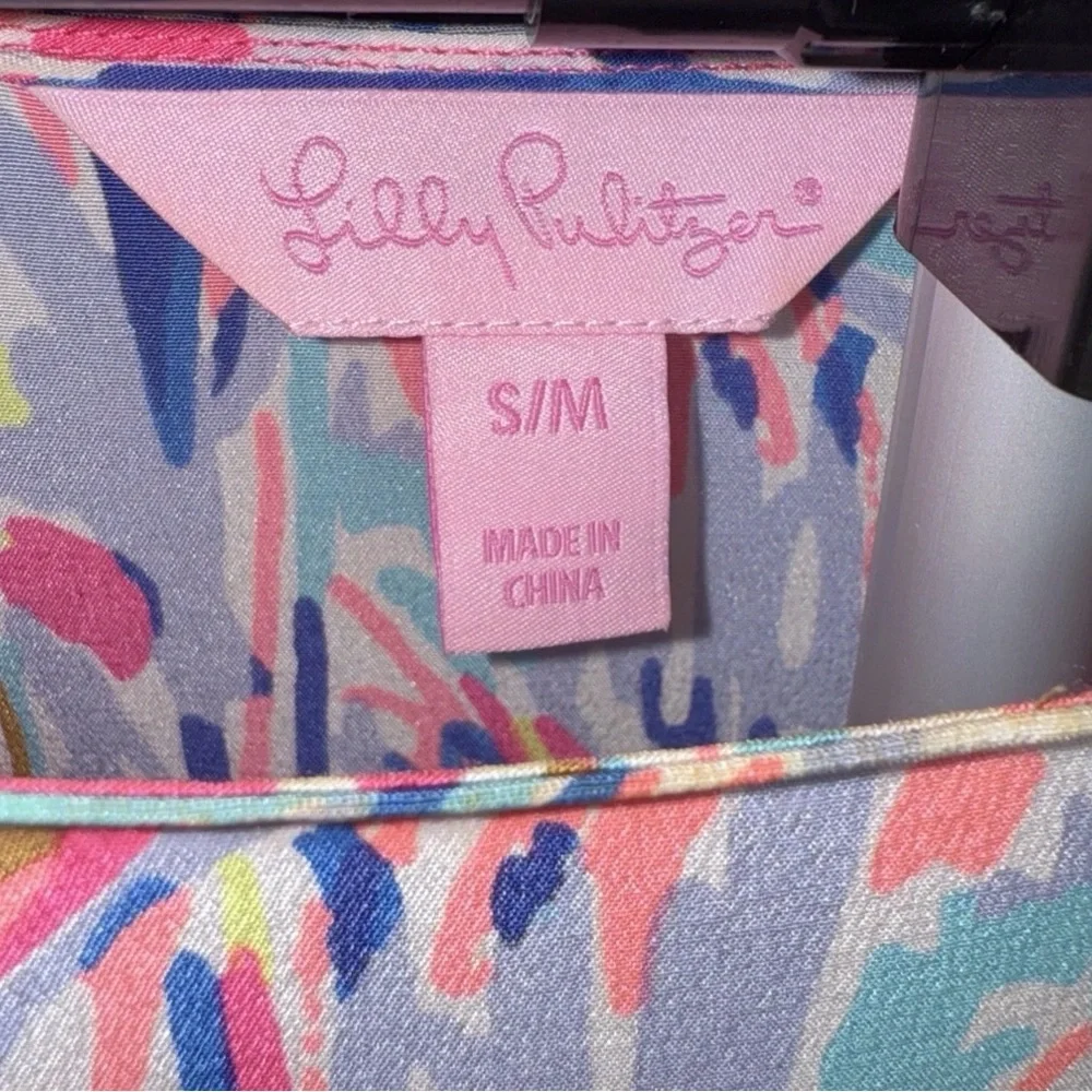 Lilly Pulitzer SILK CAFTAN DRESS Nice Stems PINK Palm Trees S/Medium - Picture 6 of 6